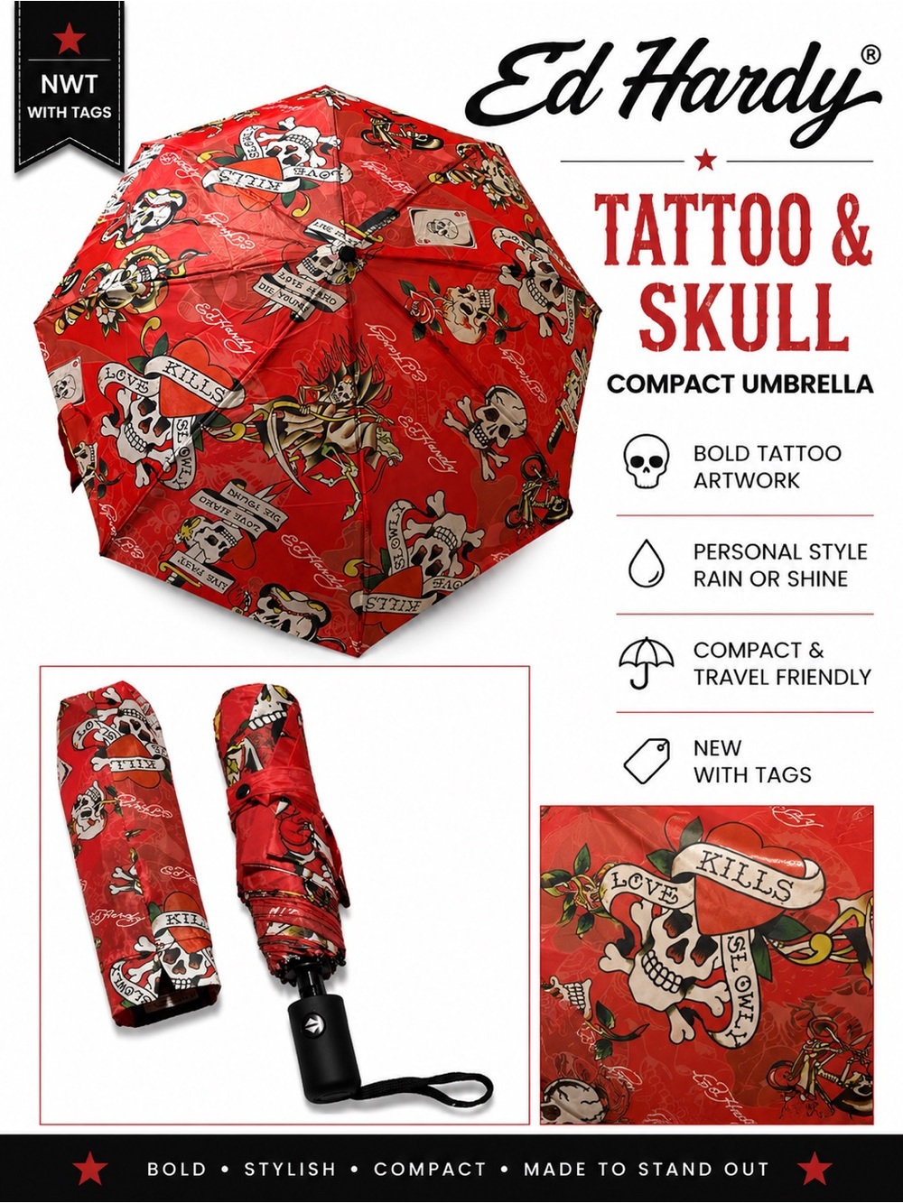 Ed Hardy Red Skull Tattoo Compact Umbrella Y2K NWT